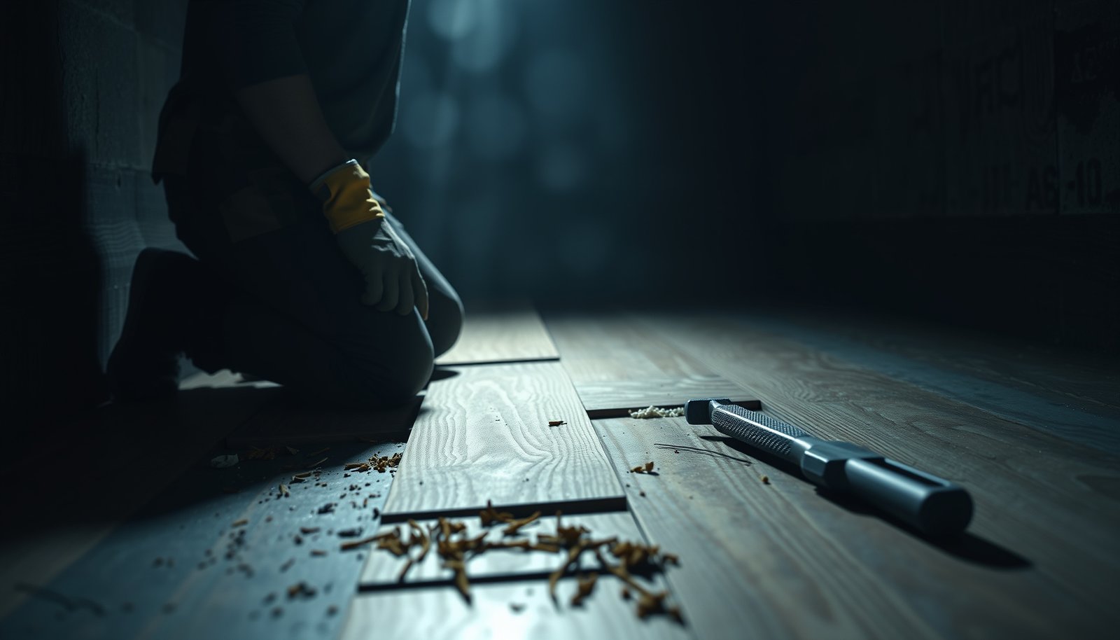 Step-by-step guide on removing laminate floors from a basement with tools and techniques.