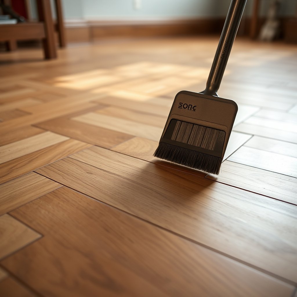 A close-up of a herringbone floor showing the process of removing light surface scratches.