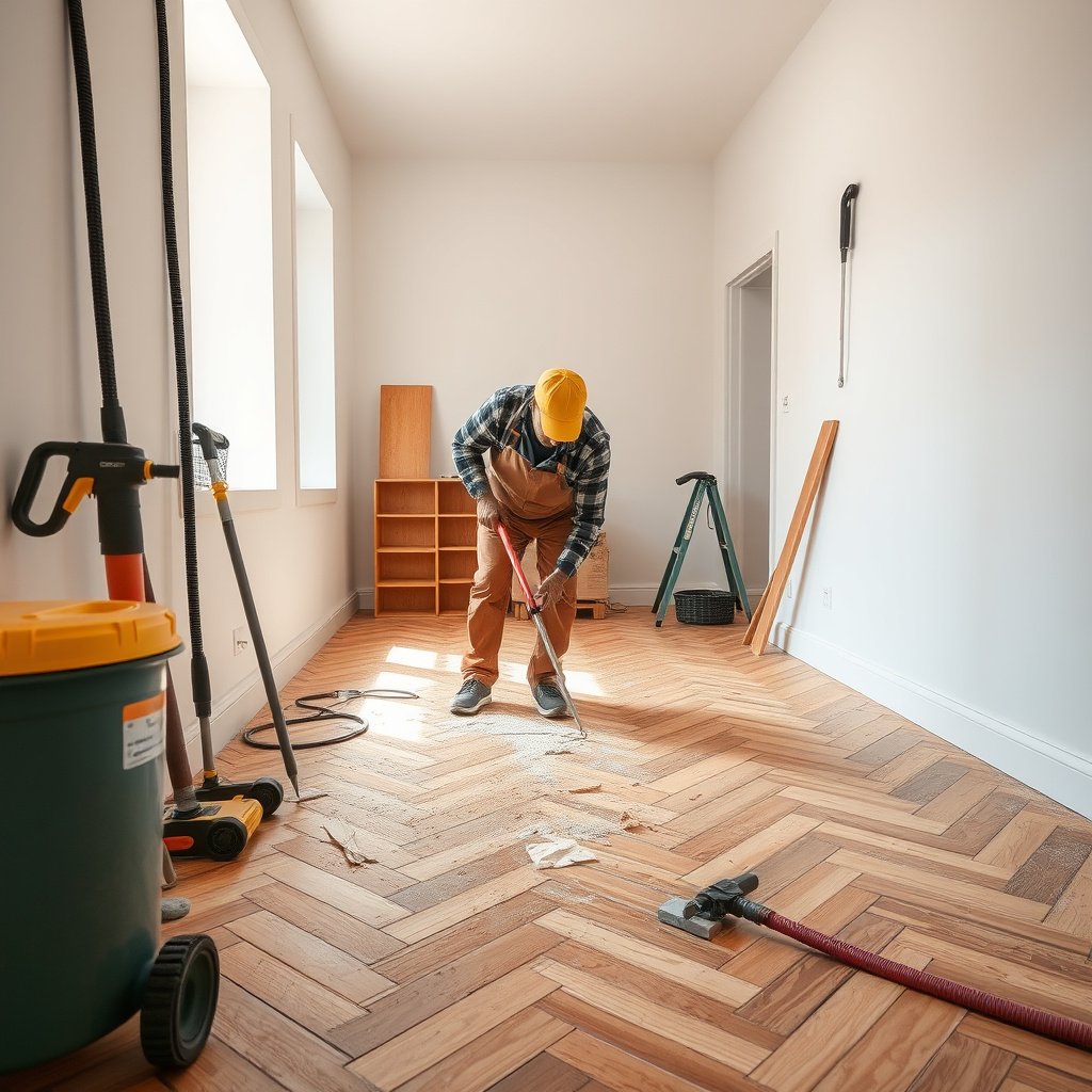 Tools and techniques for removing nails, staples, and adhesive residue from herringbone floors