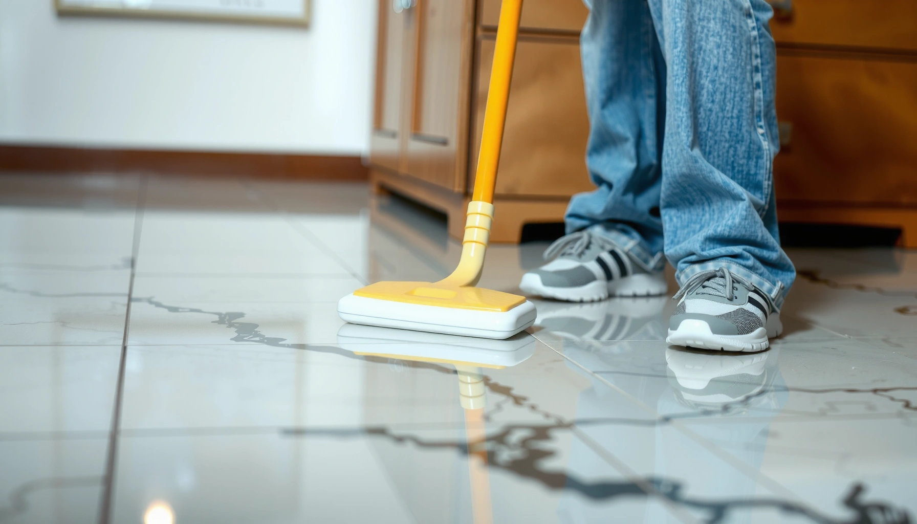 A person cleaning marble floors to remove unpleasant odors using practical methods.