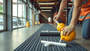 A person using a cleaning solution to remove odors from rubber flooring in a home.
