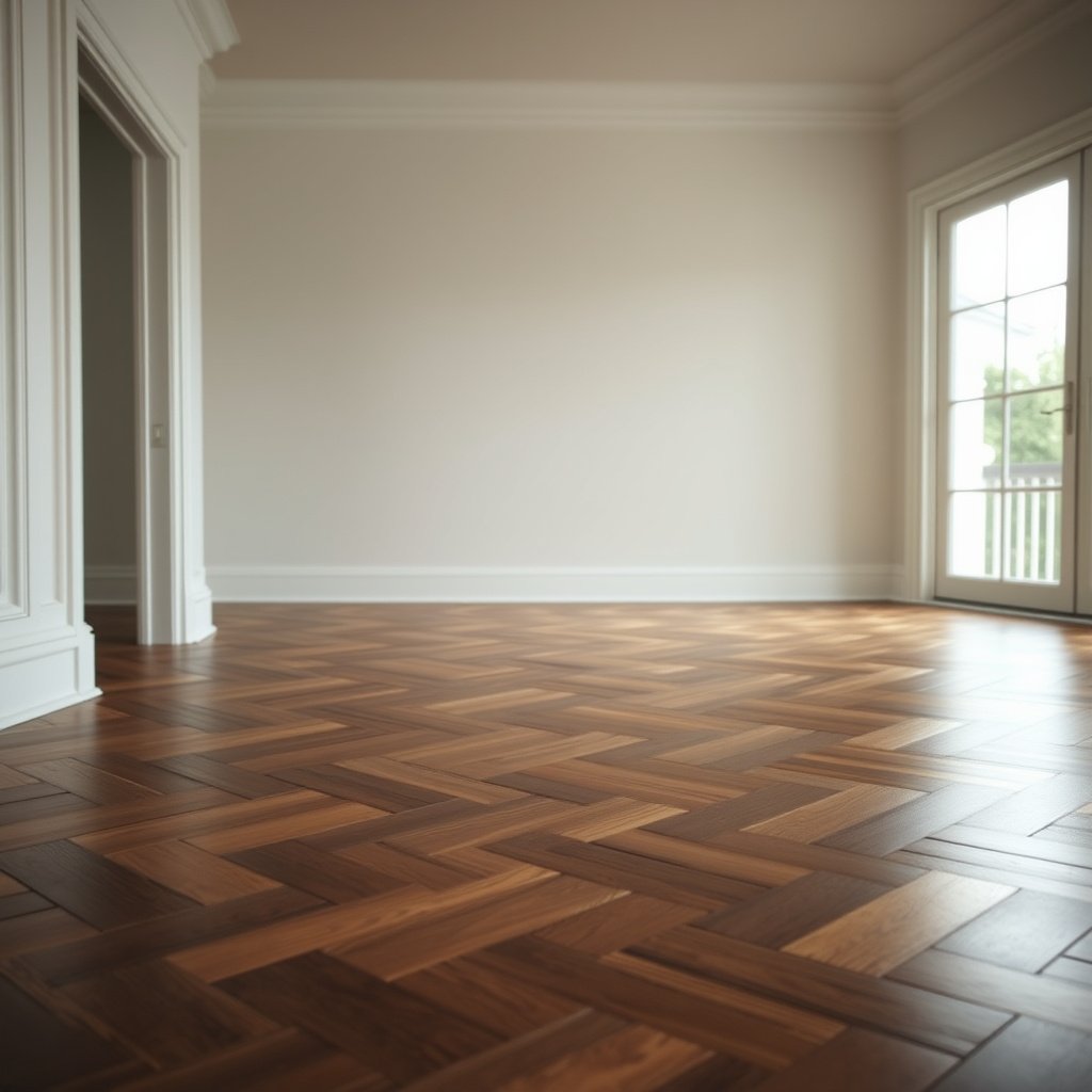 A person sanding herringbone floors to remove old finish and repair the wood.