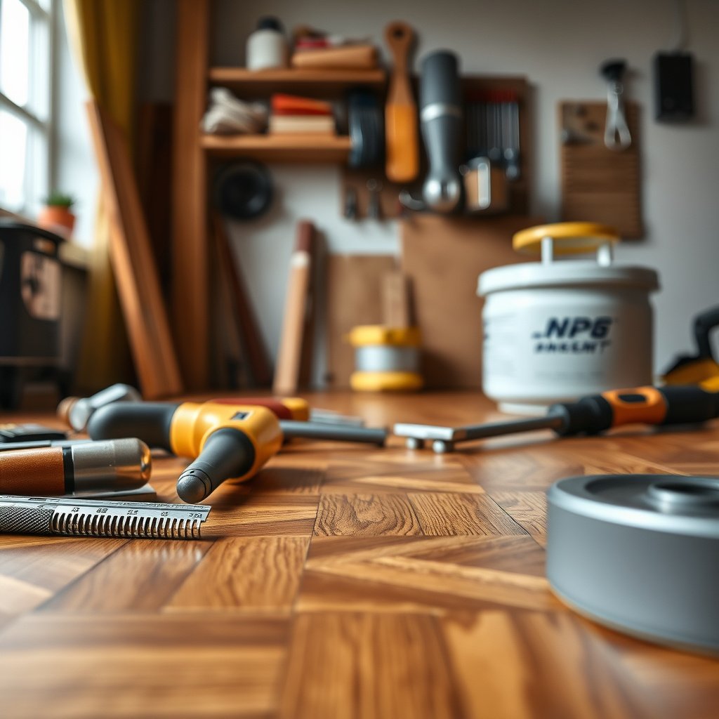 A person carefully removing old parquet flooring to protect the subfloor beneath.