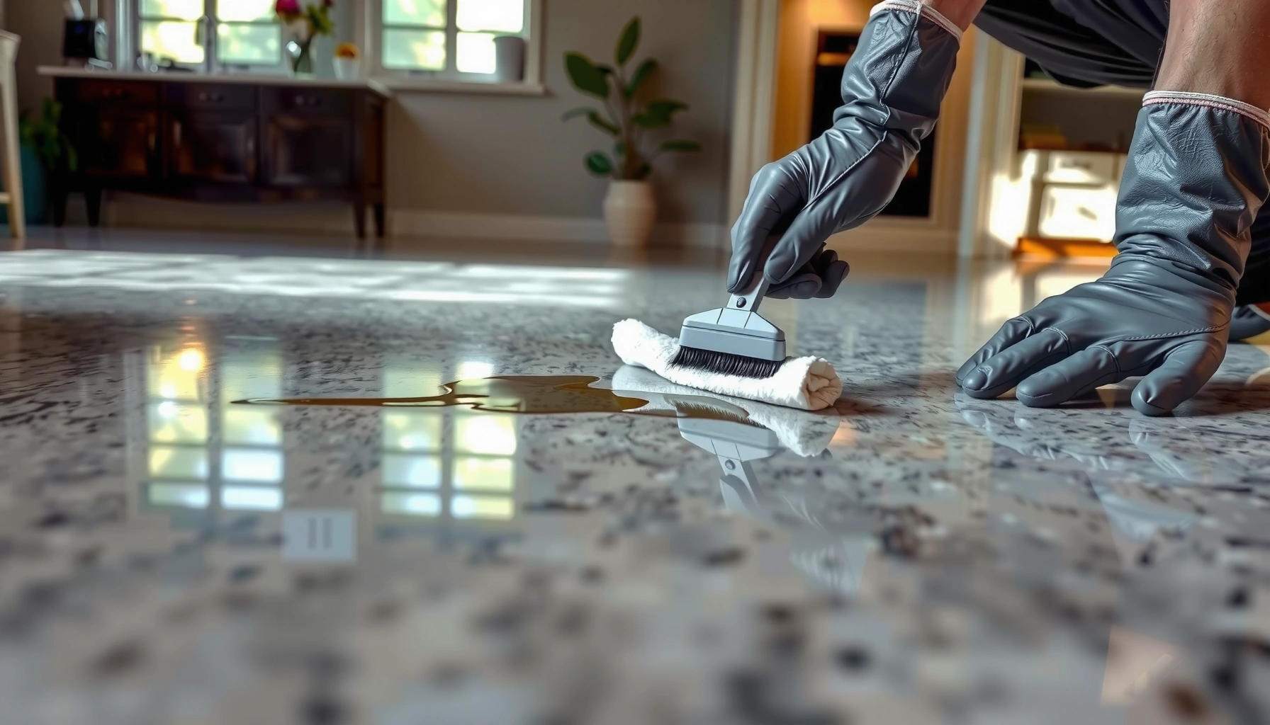 A person using safe methods to remove paint from granite floors without damage.