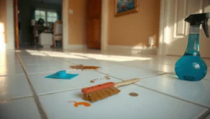 A person using safe methods to remove paint from tile floors, demonstrating effective cleaning techniques.