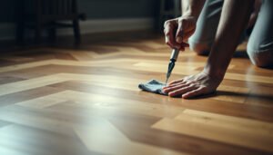Step-by-step guide on how to remove scratches from chevron floors during surface repair.