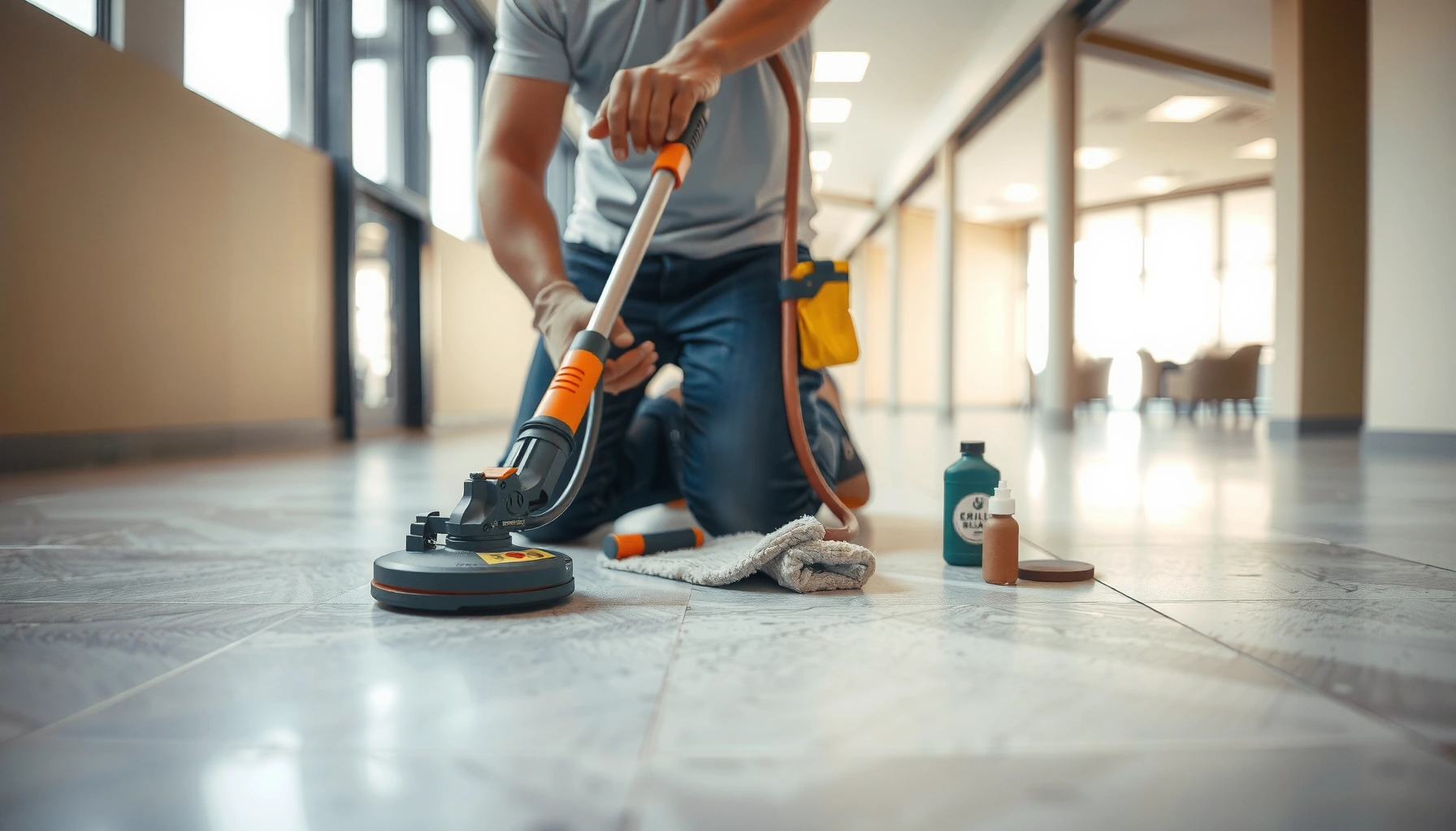 Step-by-step guide on removing scratches from commercial floors with tools and techniques.