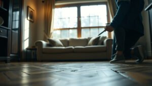 Steps to remove scratches from herringbone floors, showcasing repair techniques and tools.