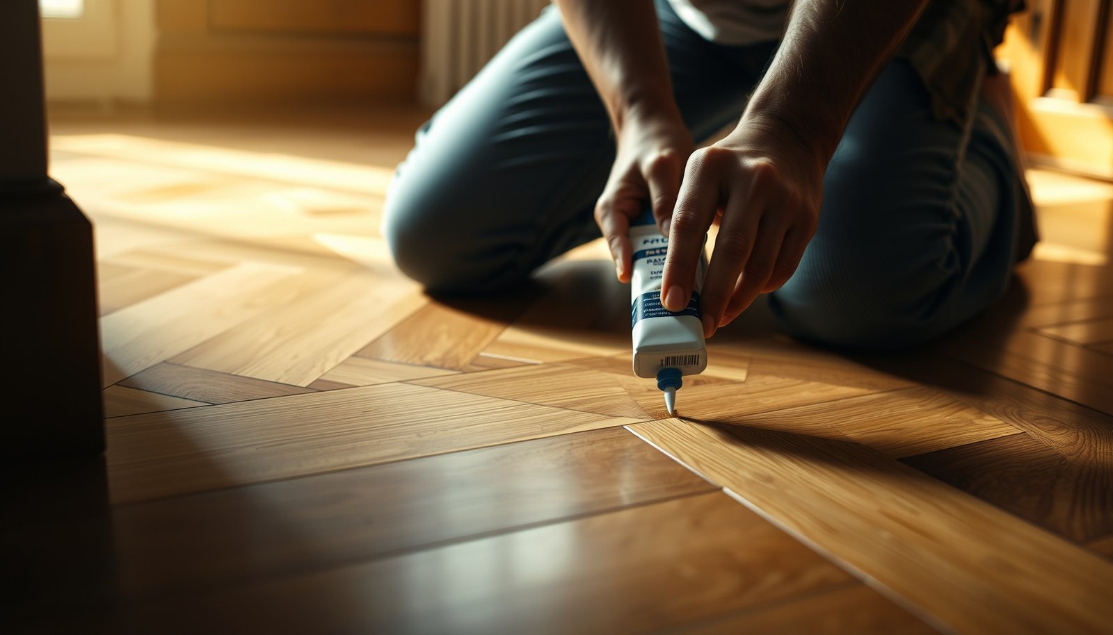 A close-up of parquet floor with visible scratches and tools for removal.