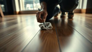 A person demonstrating how to remove scratches from wood-look tile floors using simple techniques.