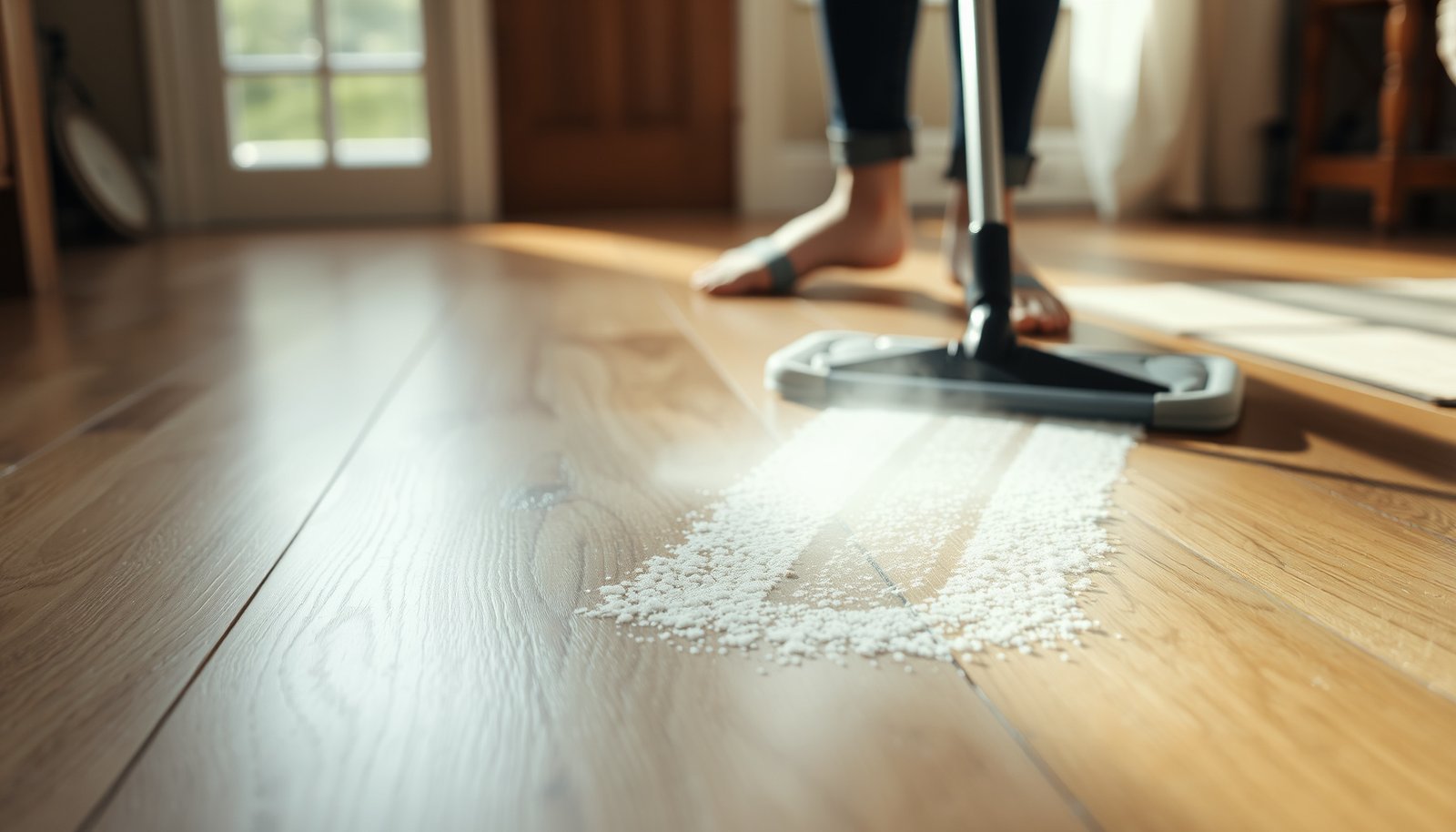 A person cleaning soap scum from hardwood floors with a cloth and cleaning solution.
