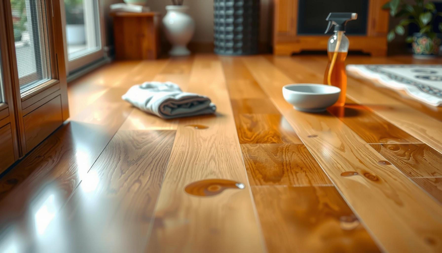 A person cleaning stains from bamboo flooring with a cloth and cleaning solution.