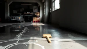 A person cleaning stained concrete floors using effective methods for stain removal