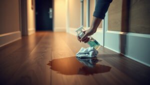 A person cleaning stains from engineered wood floors in a hallway with a cloth and cleaner.