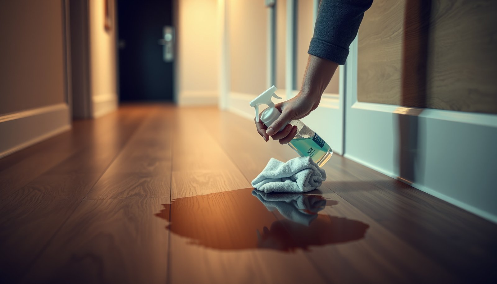 A person cleaning stains from engineered wood floors in a hallway with a cloth and cleaner.