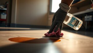 A person cleaning stains from laminate floors in a garage using a cloth and cleaner.
