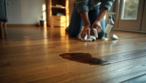 A person cleaning stains from hardwood floors in a living room using a cloth and cleaning solution.