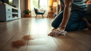 A person cleaning stains from hardwood floors in an apartment using a cloth and cleaning solution.