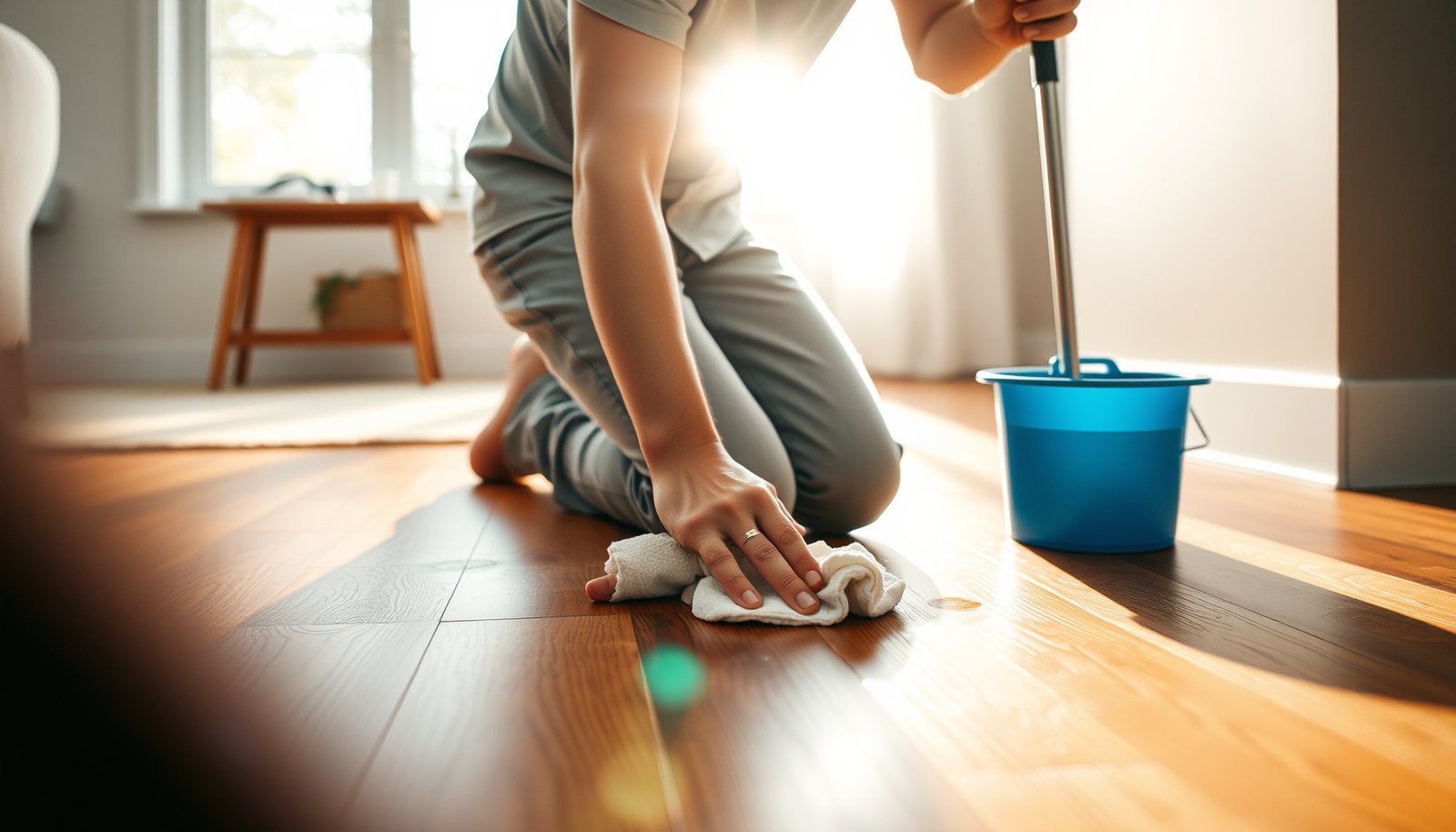 A person cleaning stains from hardwood floors in a rental property using effective methods.