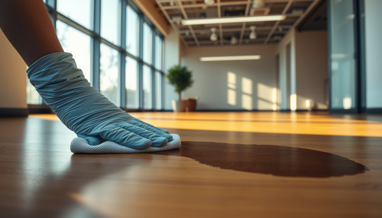 A professional cleaning hardwood floors in a commercial office, showcasing stain removal techniques.