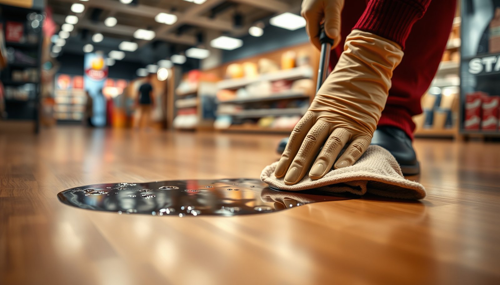A retail store employee cleaning stains from hardwood floors using effective techniques.