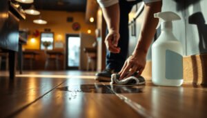 Step-by-step guide on how to remove stains from hardwood floors in a restaurant setting.