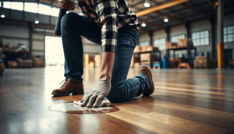 A person cleaning stains from hardwood floors in a warehouse setting with cleaning supplies.