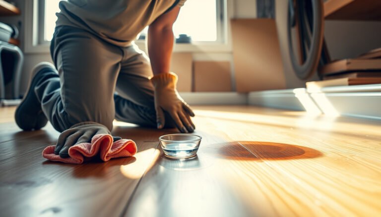 A person cleaning stains from hardwood floors in a workshop setting with tools and cleaning supplies.