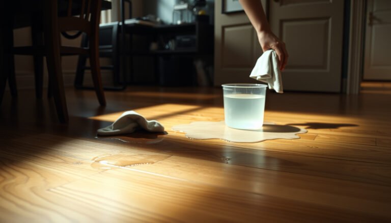 A person cleaning stained hardwood floors in a dining room using effective methods.