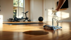 A person cleaning stains from hardwood floors in a home gym setting.