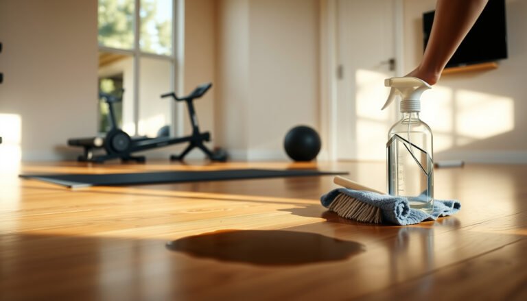 A person cleaning stains from hardwood floors in a home gym setting.
