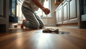 A person cleaning stains from hardwood floors in a kitchen using a cloth and cleaning solution.