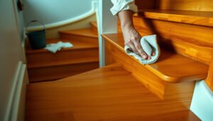 A person cleaning stains from hardwood floors on a staircase with a cloth and cleaning solution.