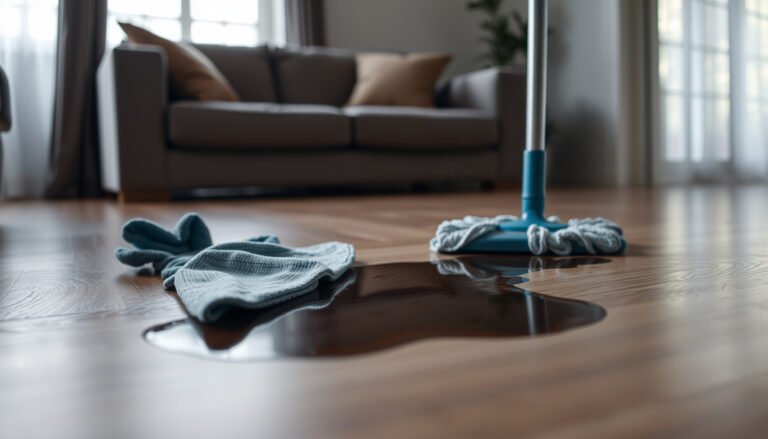 A person cleaning stains from laminate floors in a living room using a mop and cleaning solution.