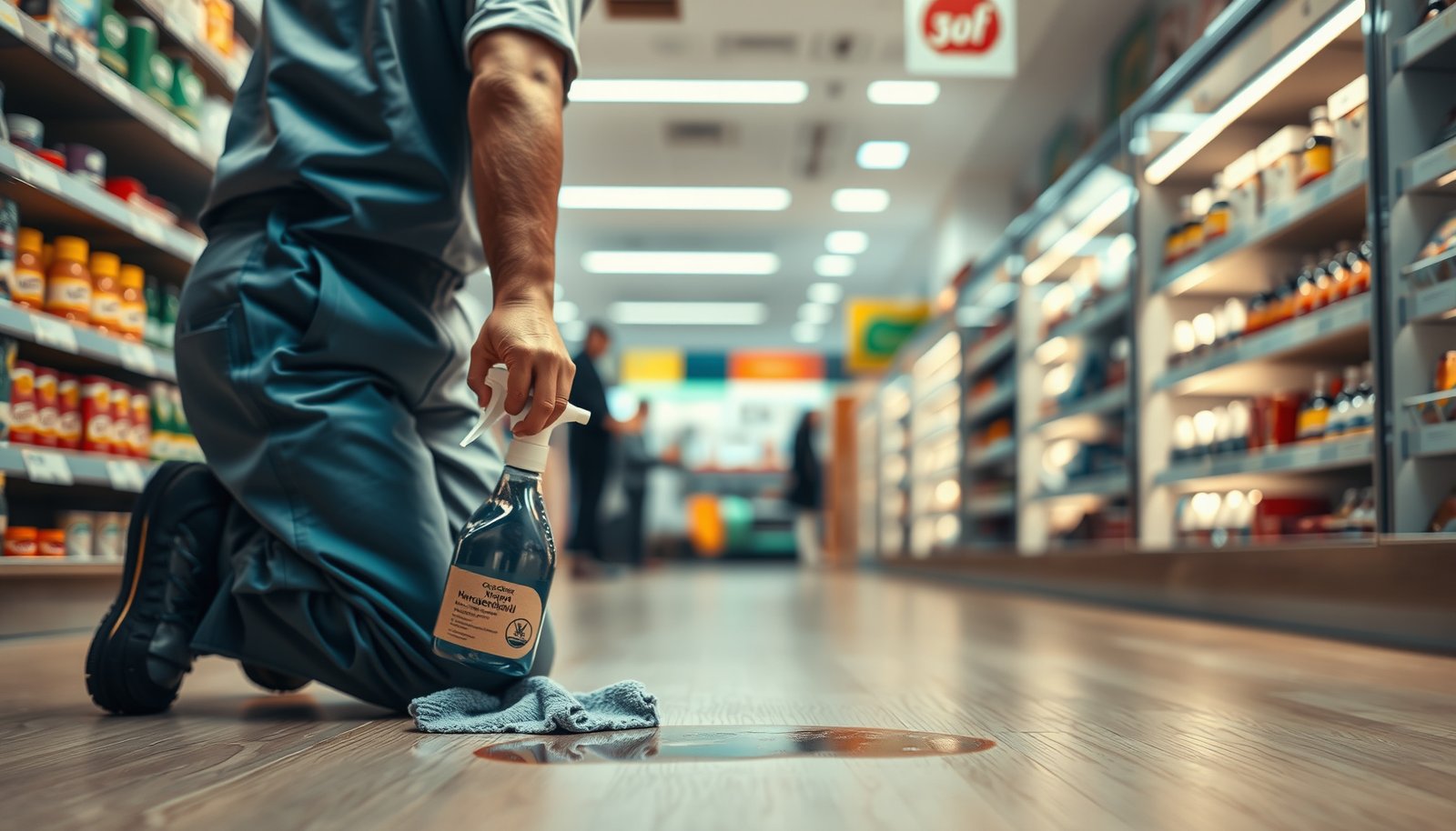 Step-by-step guide on removing stains from laminate floors in a retail store setting.
