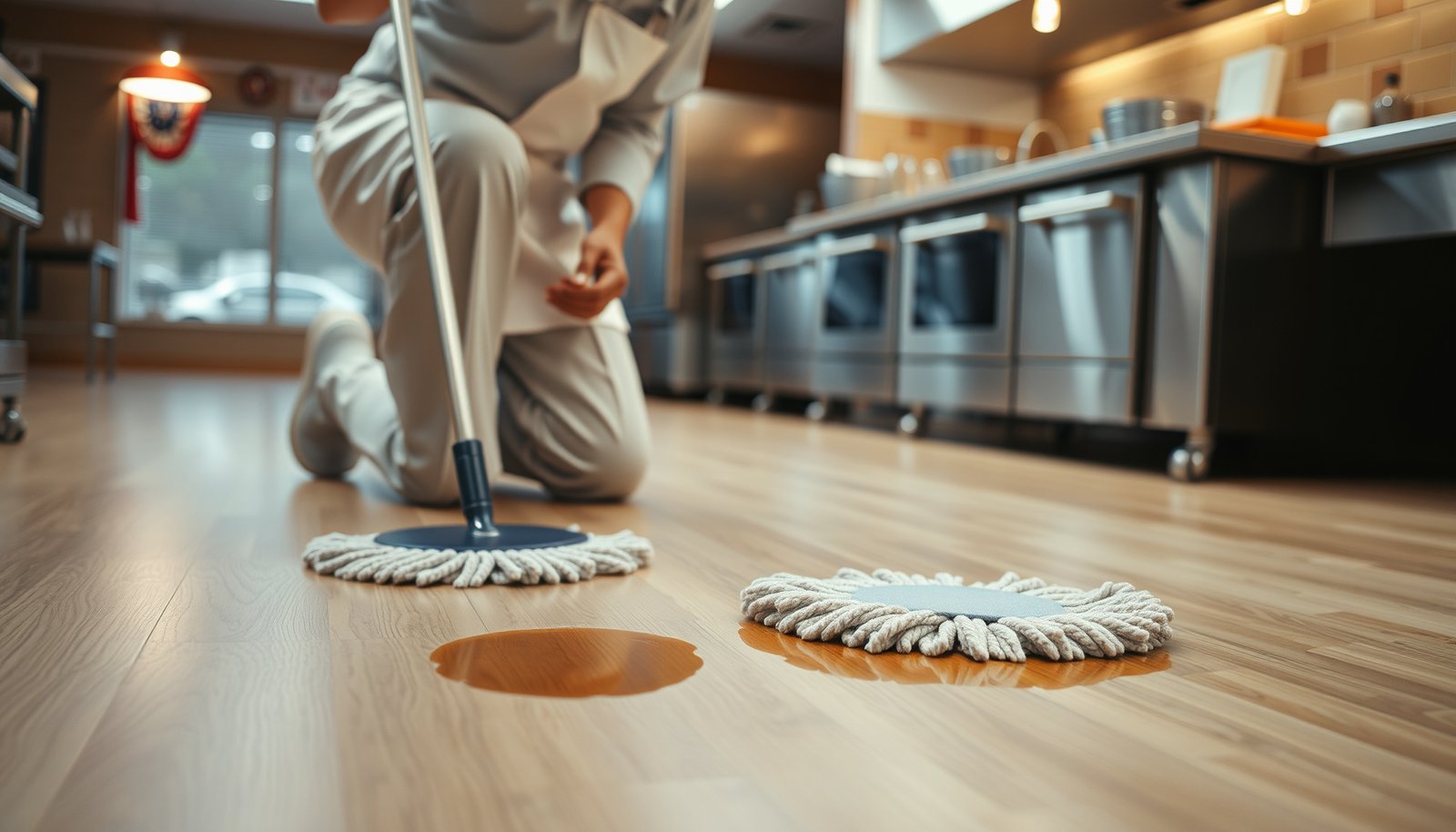 Step-by-step guide on removing stains from laminate floors in a restaurant setting.