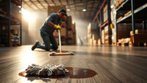 A person cleaning laminate floors in a warehouse to remove tough stains effectively.