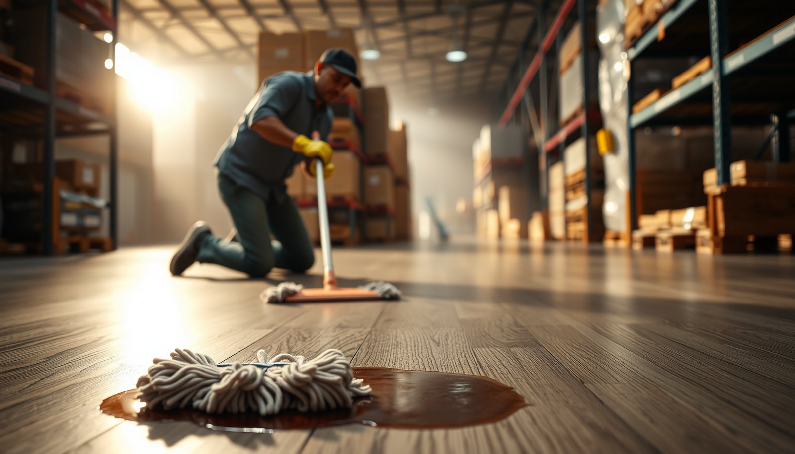 A person cleaning laminate floors in a warehouse to remove tough stains effectively.