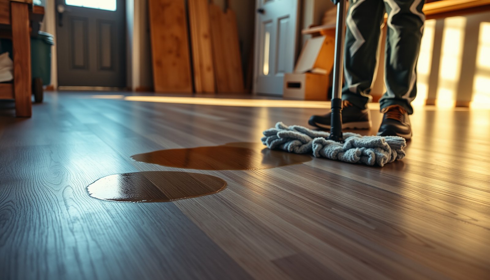 A workshop scene showing techniques for removing stains from laminate floors effectively.