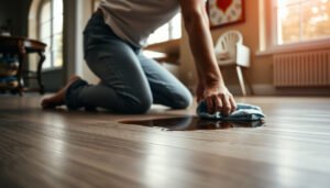 A person cleaning stains from laminate floors in a dining room using effective methods.