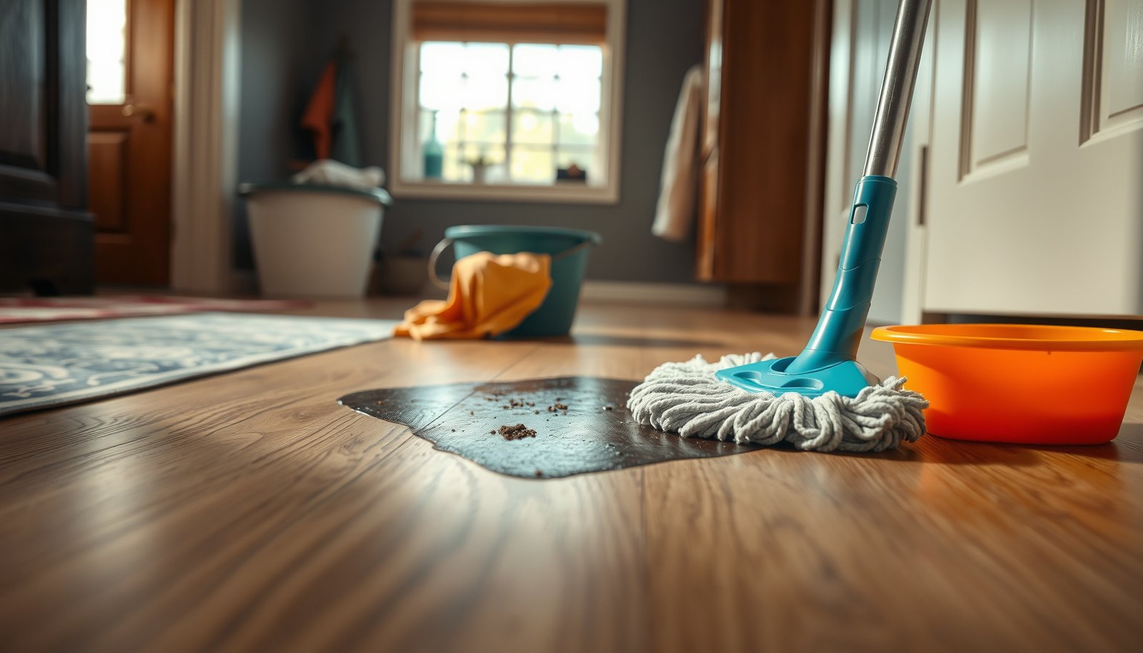 Step-by-step guide on how to remove stains from laminate floors in a mudroom.