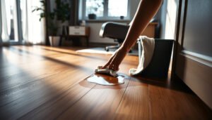 A person cleaning stains from laminate floors in a home office setting.