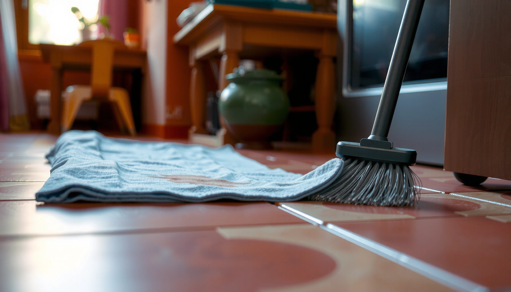 Step-by-step guide on removing stains from terracotta floors with cleaning tools and solutions.