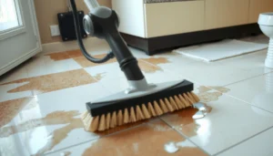 A person cleaning stained tile floors using practical methods for effective stain removal.