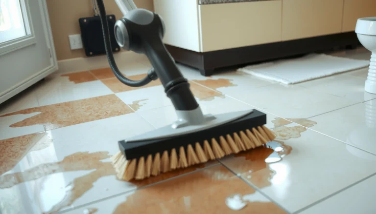 A person cleaning stained tile floors using practical methods for effective stain removal.