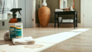 A clean travertine floor with visible stain removal techniques for safe cleaning methods.