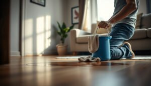 A person cleaning stains from vinyl floors in a living room using effective methods.