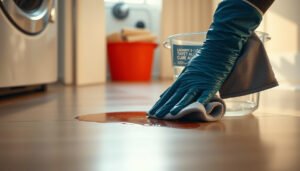 A person cleaning stains from vinyl floors in a laundry room with a mop and cleaning solution.