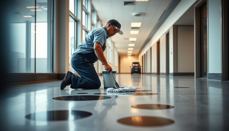 A person cleaning stains from vinyl floors in a commercial office setting.