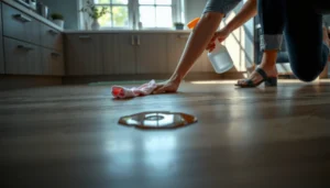 Step-by-step guide on how to remove stains from vinyl floors in a kitchen setting.